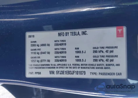 2018 Tesla Model 3 Long Range/Performance from USA, damaged, VIN 5YJ3E1EB3JF101079